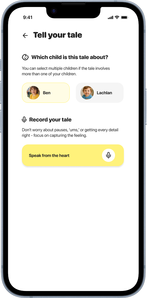 Tiny Tales app screen showing how to record a voice memo to create a story
