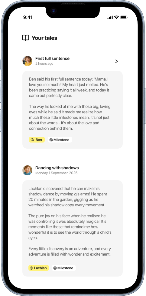 Tiny Tales app home feed showing a timeline of a child's stories and memories